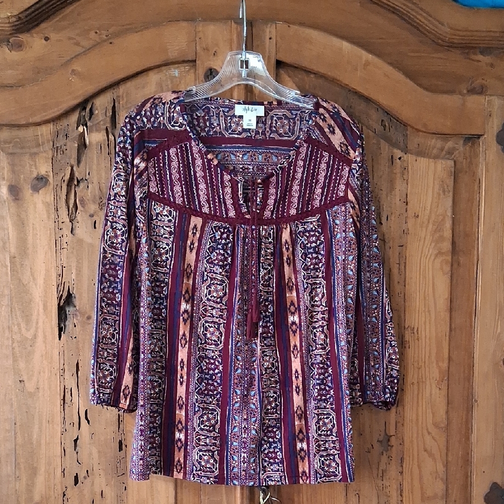 Max Studio Burgundy and Navy Patterned Blouse